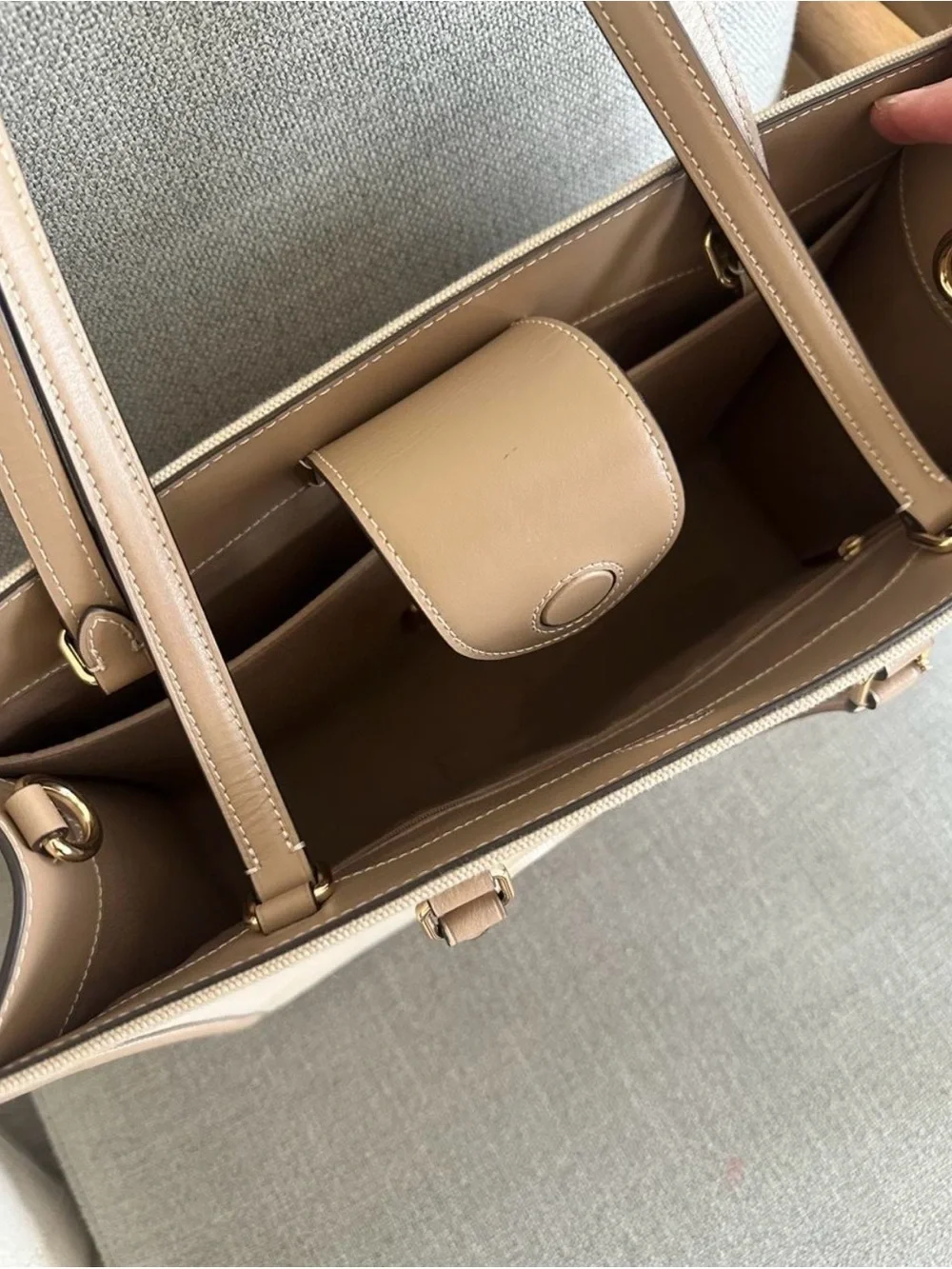 Coach Beige Canvas Tote with Tan Leather Trim and Gold Hardware